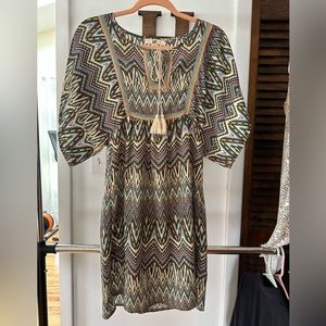 Ya Los Angeles Short Sleeve Round Neck Tasseled Multicolor Tunic Dress Size S